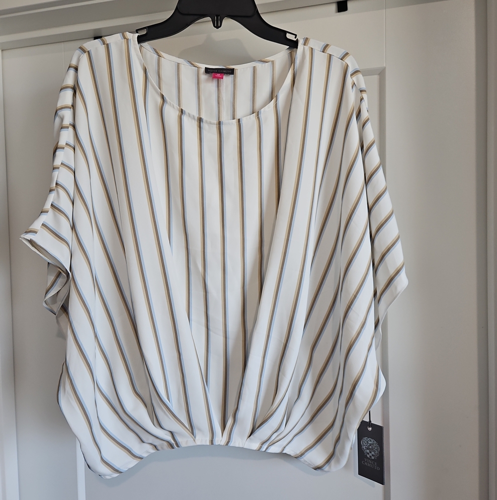 Vince Camuto White Blouse with Tan and Gray Stripes